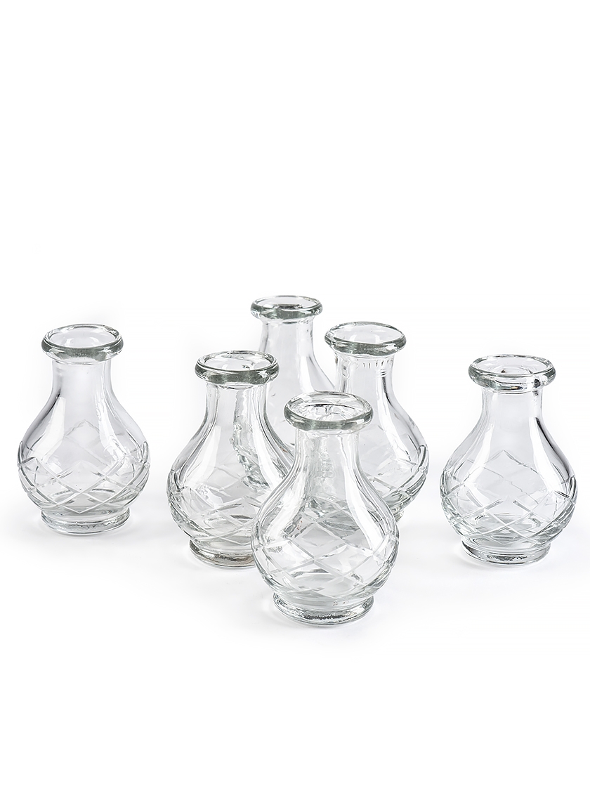 4in H Cut Work Clear Glass Bottle Vase, Set of 6