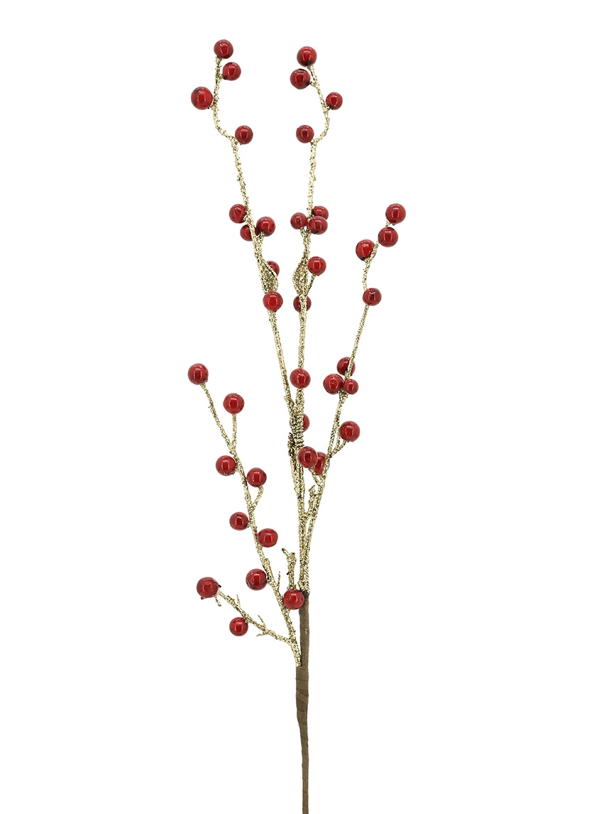 Red Berry Gold Glitter Branch | Holiday Floral Picks in Bulk