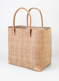 21 1/2in Natural Raffia Bag With Leather Handles
