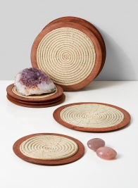 8 1/2in Natural Raffia Coaster With Wood Edge, Set of 6