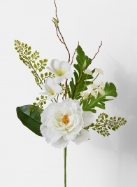 white frangipani peony fern silk flower pick