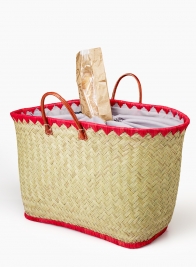 WOVEN STRAW BAG WITH RED RAFFIA TRIM & LEATHER HANDLES
